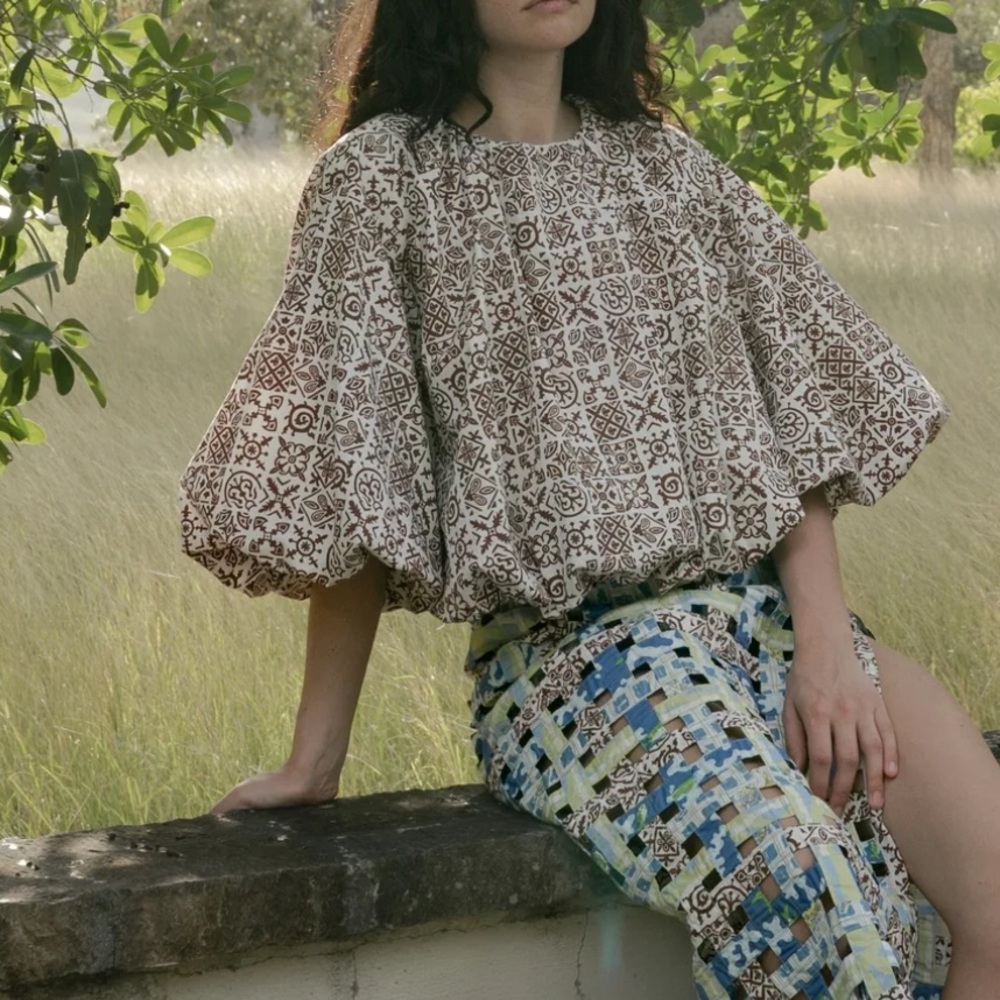 Coco shop gathered brown checkerboard top XS